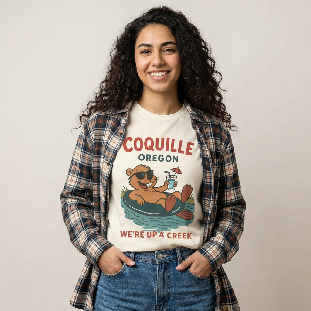 Coquille Oregon T-Shirt — "We’re Up a Creek" Retro Beaver Vacation Tee