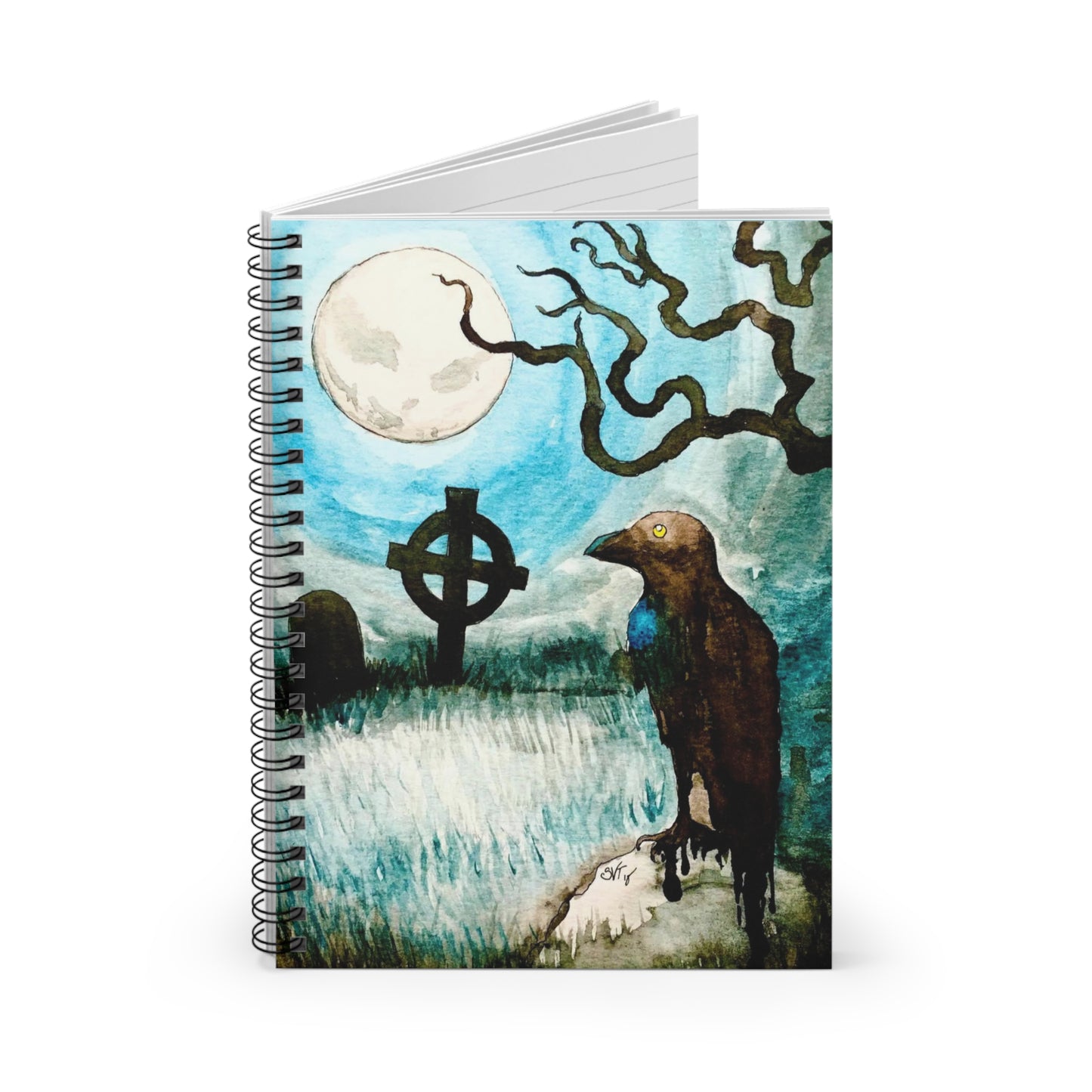 Shayla Van Tassel - Gothic Raven Cemetery Spiral Notebook — Moonlit Graveyard Ruled Journal