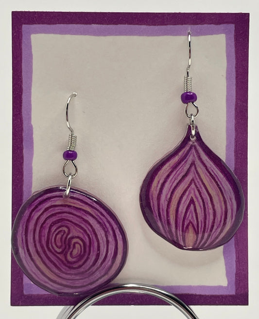 Purple "Red Onion" earrings displayed on a matching card with a purple border