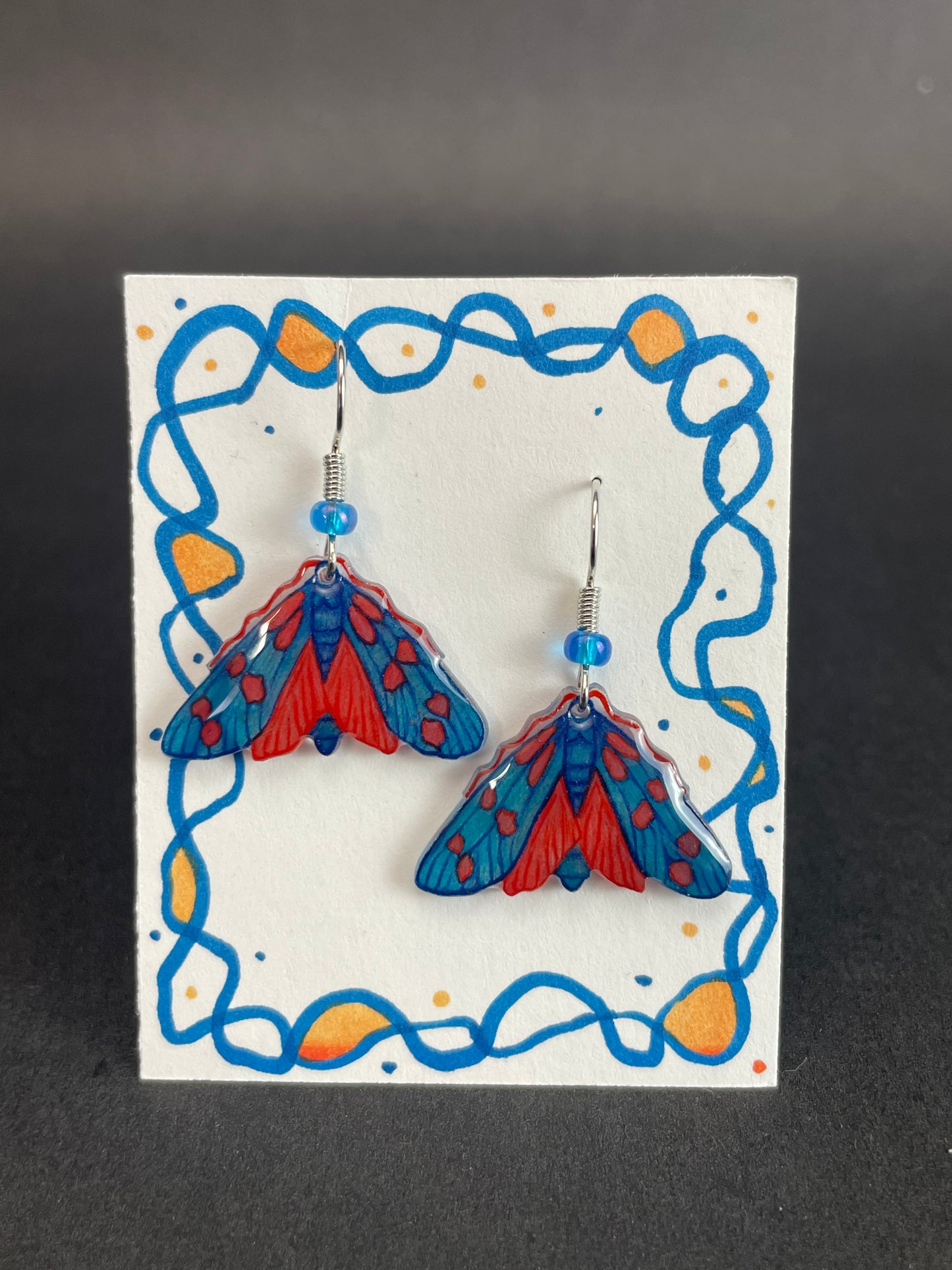 Alexa Slater- Blue and red burnet moth earrings