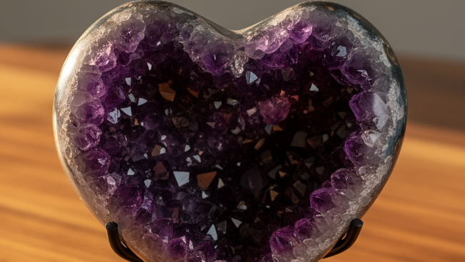 Realistic large Amethyst Crystal Geode Heart. Beautifully set on a standard black metal stand, atop a gorgeous wooden surface, with no other props, surrounded by complimentary warm lighting.